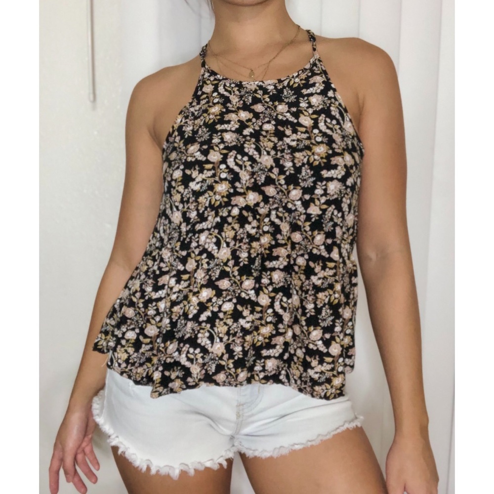American Eagle Brown Floral Halter Tank Top